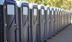 portable toilets in a line
